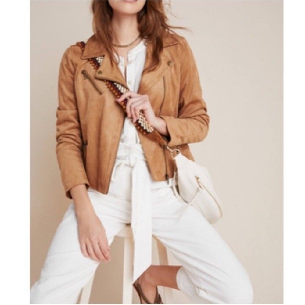 Anthropologie XL Suede Lucie Moto Jacket Brown Motorcycle Western Country Hippie - Picture 2 of 7